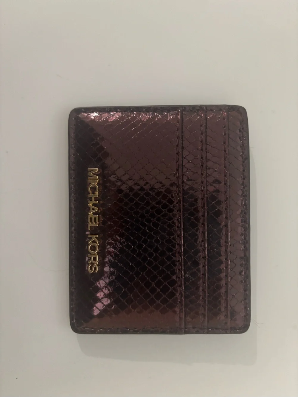 Michael Kors Metallic Plum Snake-Embossed Card Case with Gold Logo